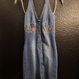 Hot Kiss, Vintage 90's Style, Jean halter top bodycon dress with embroided waist